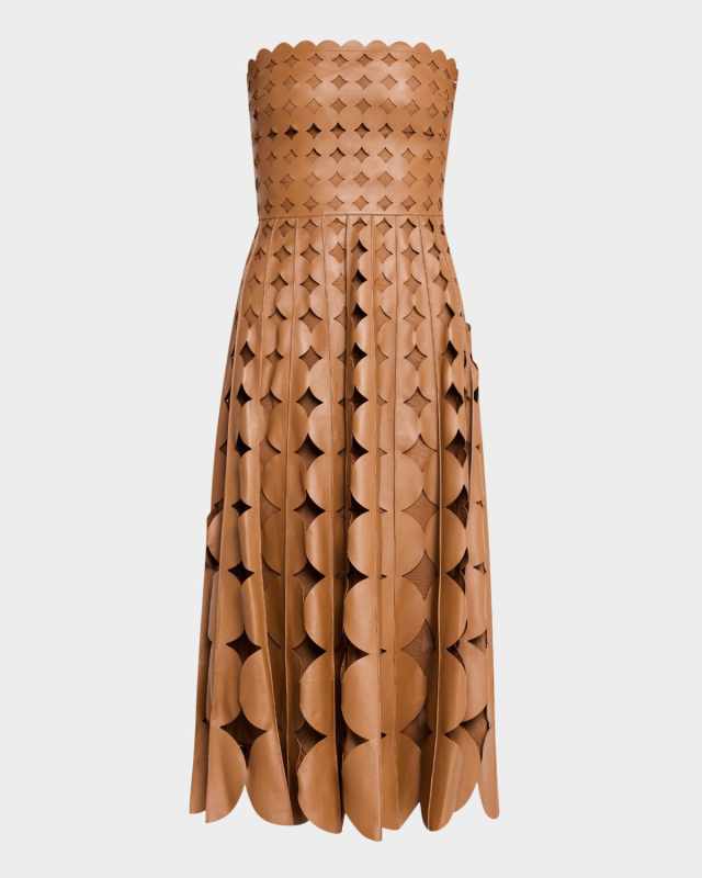 Strapless Geo Cutout Leather Midi Dress